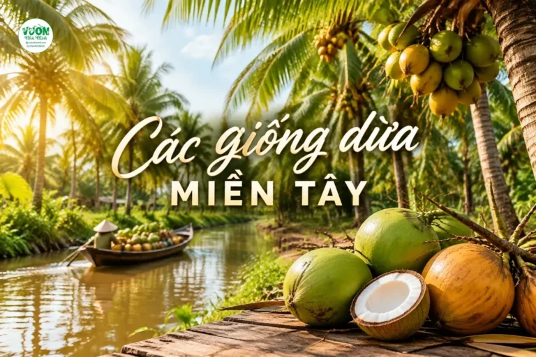 Vườn dừa bên kênh miền Tây, mấy trái dừa xiêm xanh và dừa khô để trên mặt gỗ