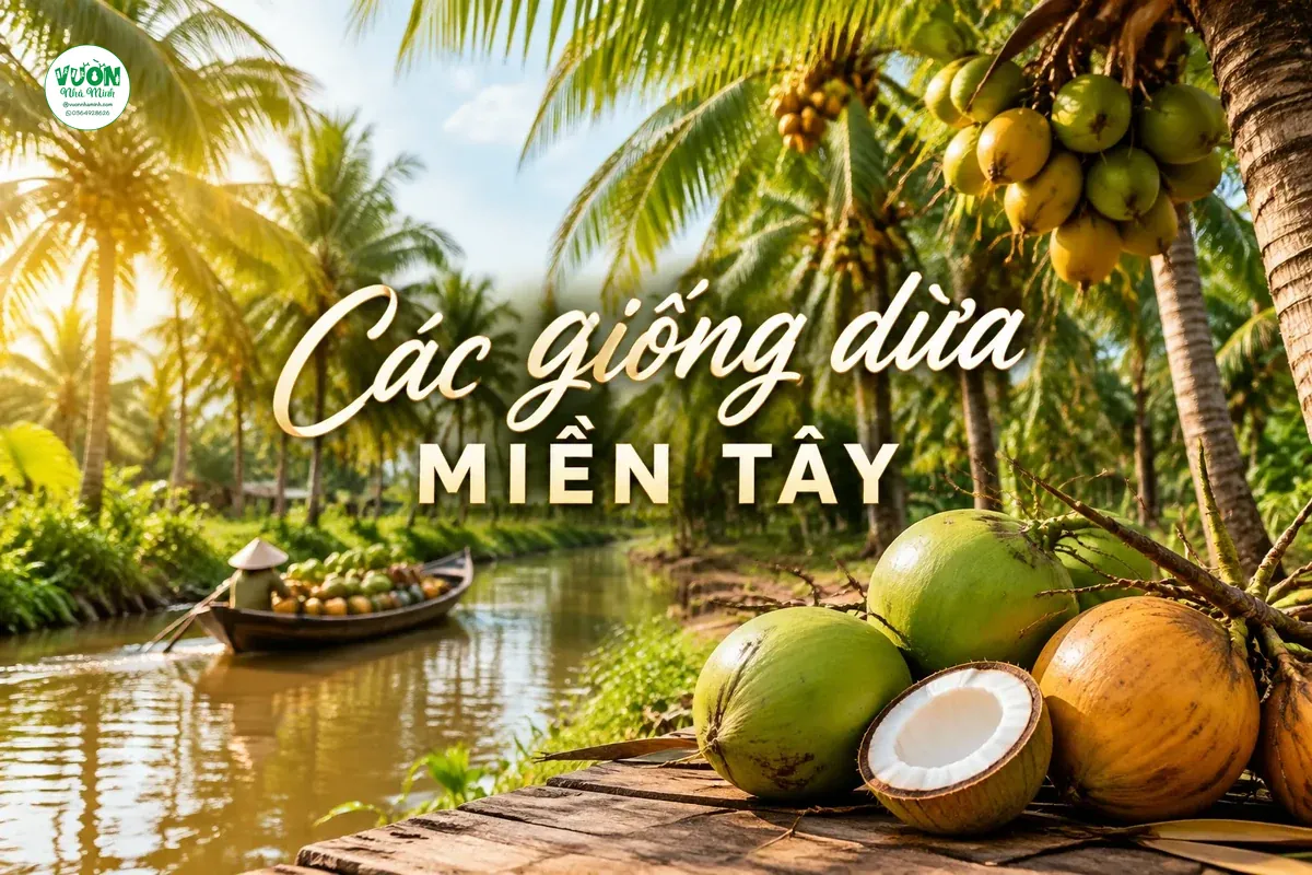 Vườn dừa bên kênh miền Tây, mấy trái dừa xiêm xanh và dừa khô để trên mặt gỗ