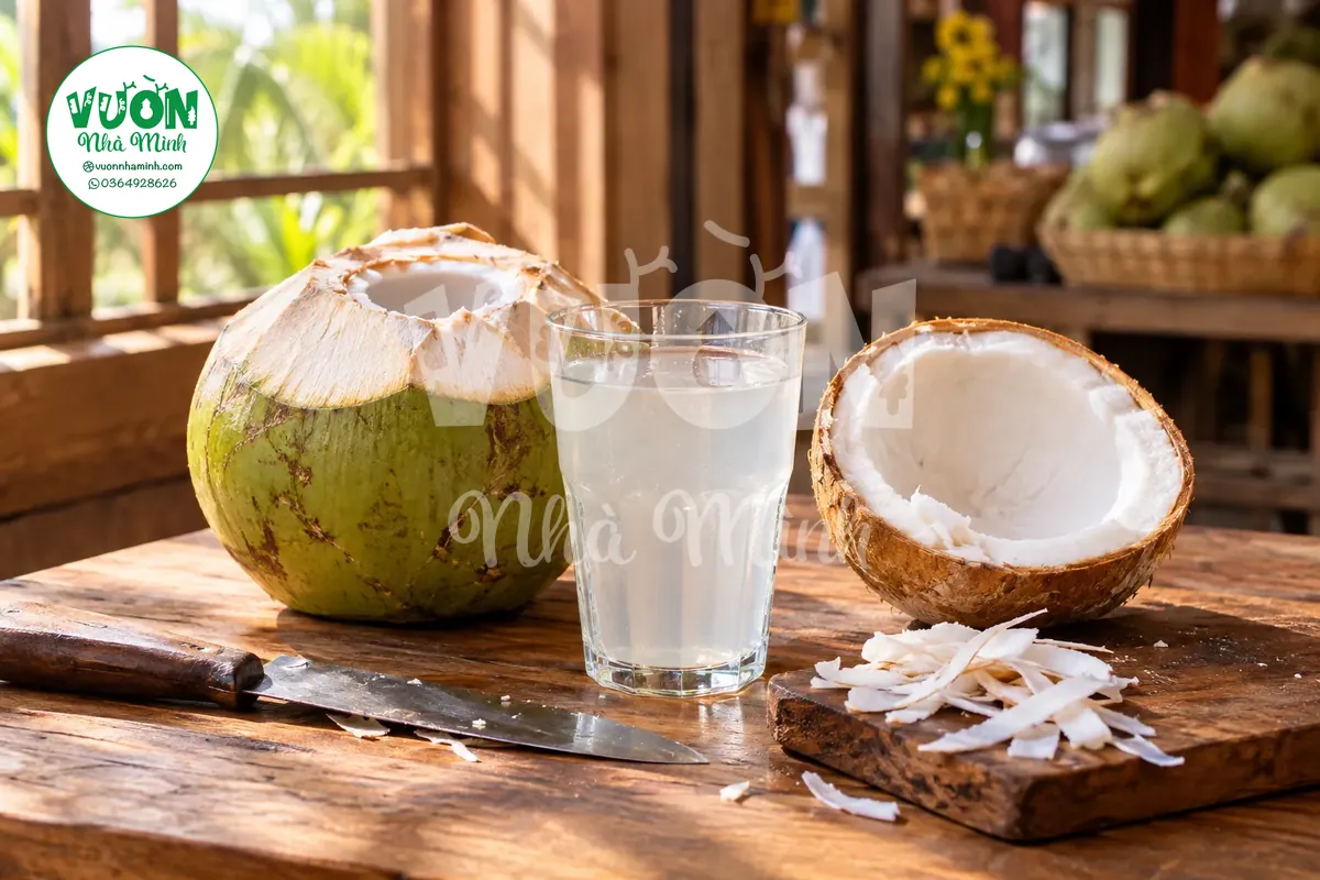 Dừa xiêm còn xanh và nửa trái dừa khô đặt cạnh nhau trên bàn gỗ