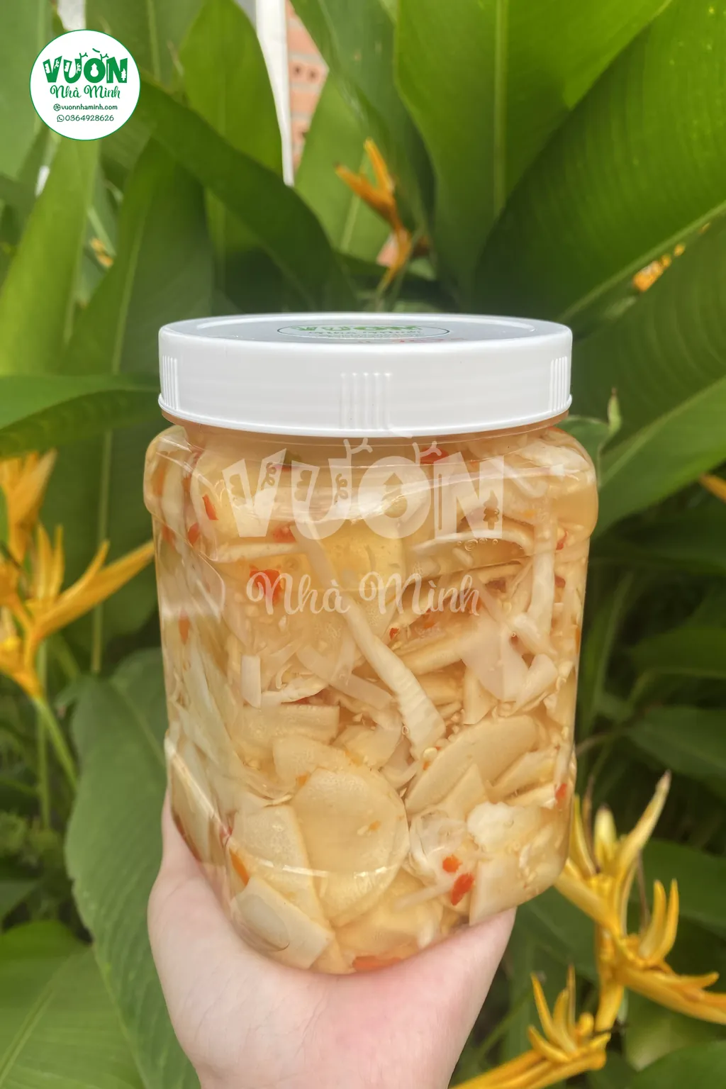 Hộp măng ngâm chua ngọt 500g nắp trắng có tem Vườn Nhà Mình