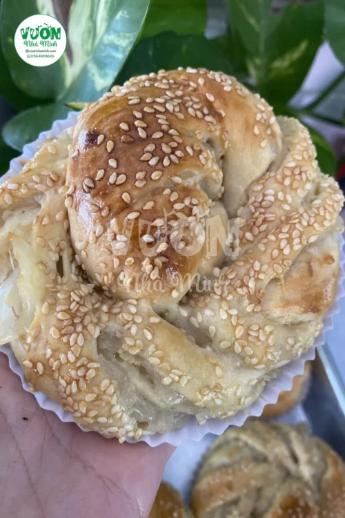 Mặt bánh mì dừa non rắc kín mè trắng, vỏ vàng nâu ở mấy sống nổi cao